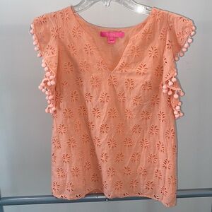 Lilly Pulitzer XXS orange palm tree eyelet sleeveless top  pom-pom fringe